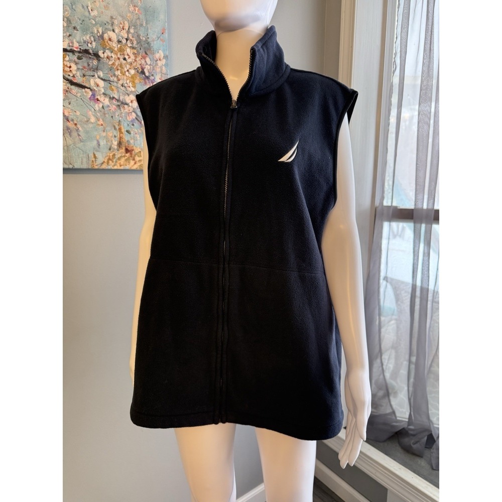 Nautica Vest Mens Medium Navy Fleece‎ Full Zip Stand Collar Pockets Outdoor